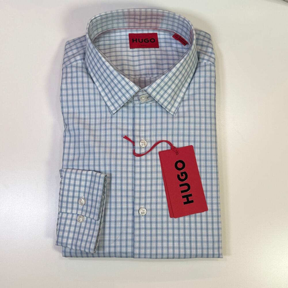 Hugo by Hugo Boss Men's poplin Slim check Dress Shirt blue 16.5 $98